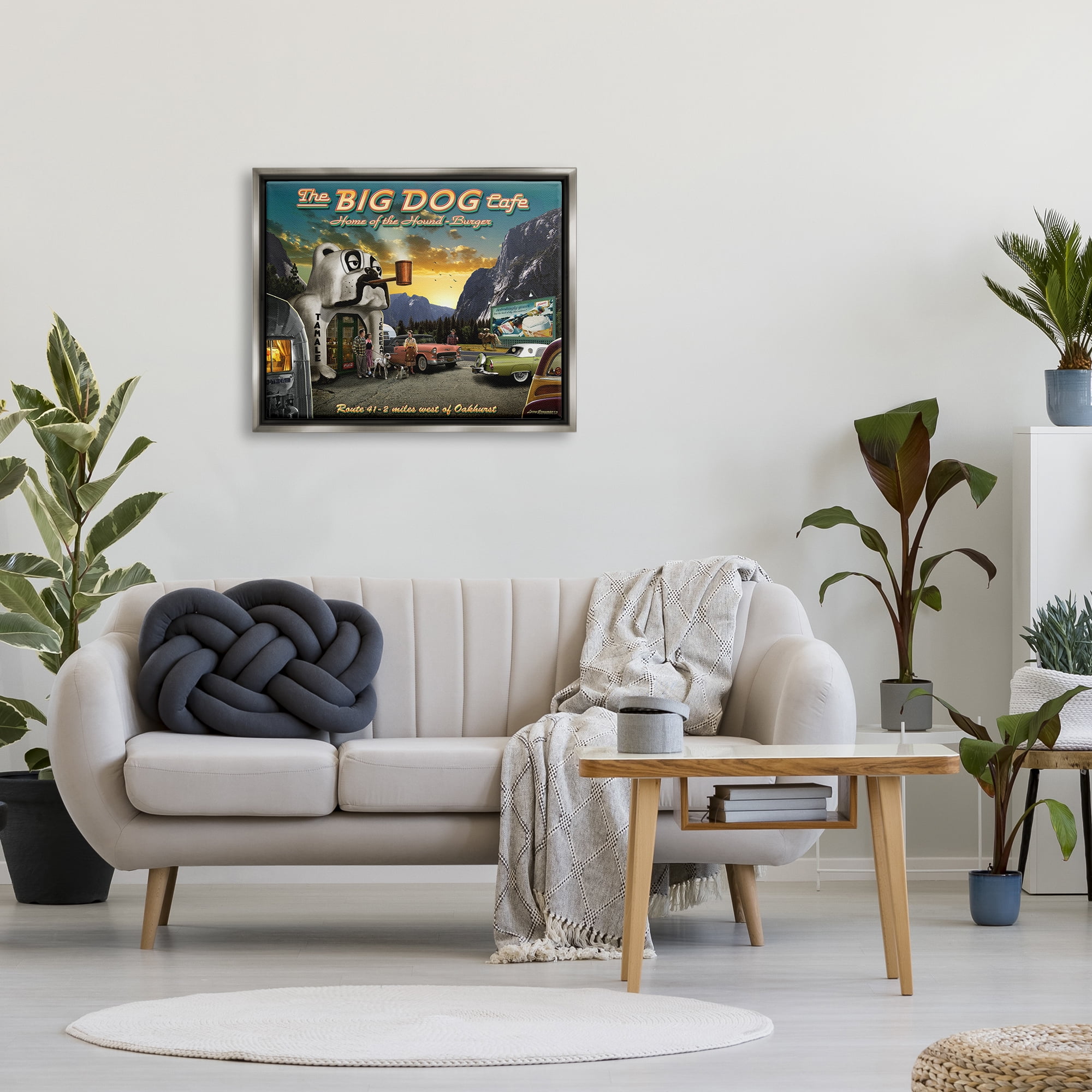 Stupell Industries Big Dog Cafe Scenery Transportation Painting Gray Floater Framed Canvas Art Print Wall Art, 31 x 25