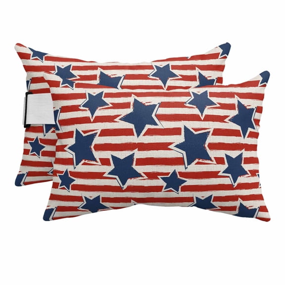 2PCS Outdoor Pillow for Chaise Lounge Chair Independence Day Red Stripes and Stars Seamless Waterproof Headrest Cushion with Insert Pentagram Retro Linen Lumbar Pillow for Beach Patio,11x16in