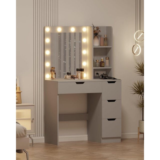 EDTara Vanity Desk with Mirror and Lights, 35” Makeup Table with 4 Storage Drawers, Built-in Power Strip & USB, 3-Color LED Lighting