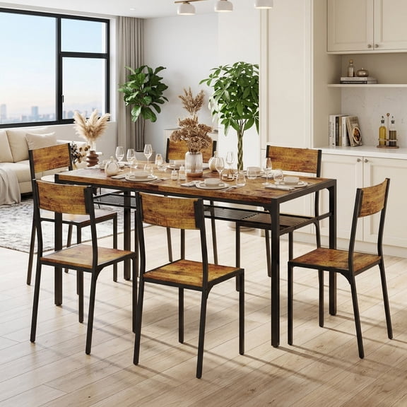 Aiho Dining Table Set for 6, 7-Piece Kitchen Table Set with 6 Chairs & Storage Shelf for Kitchen, Dining Room - Retro