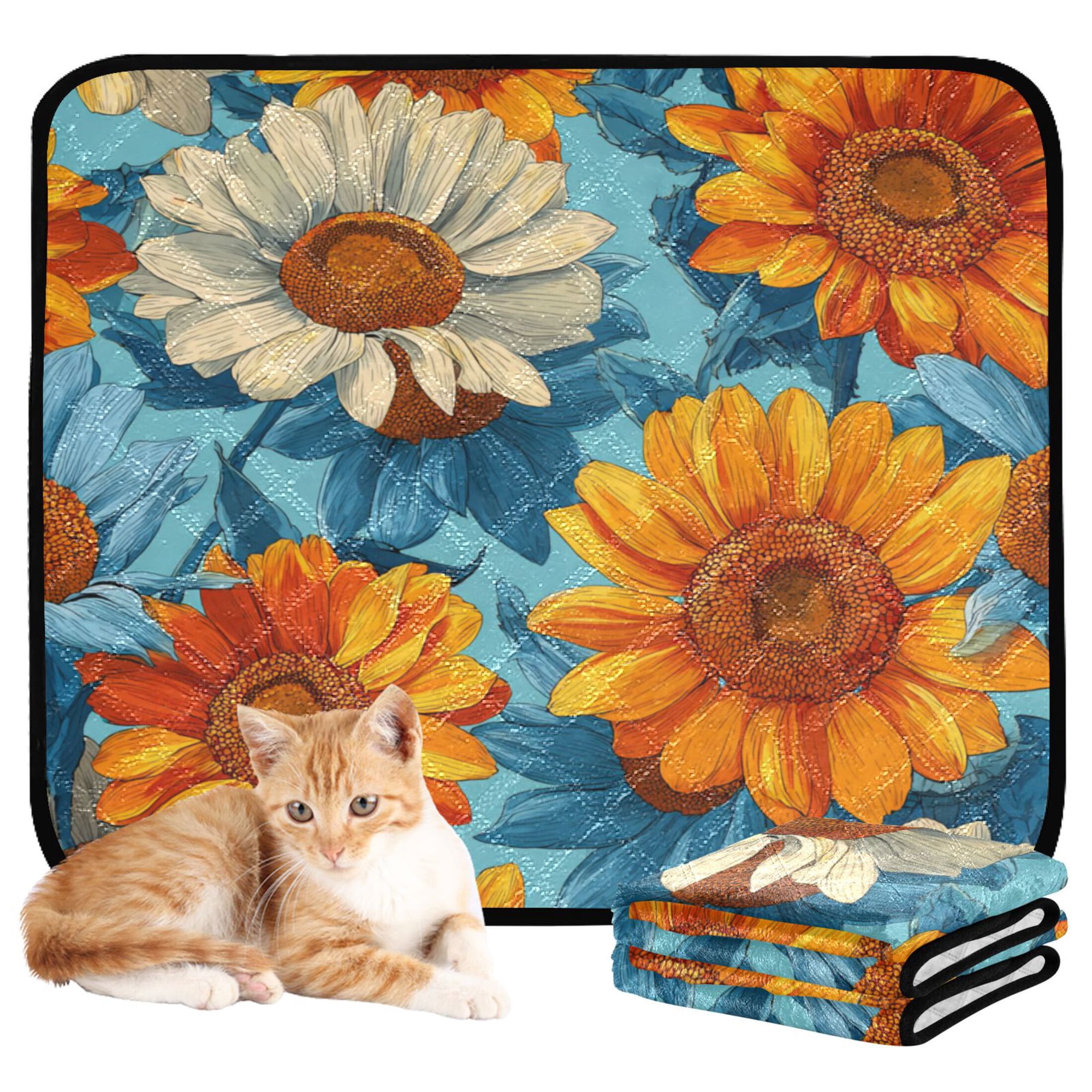 RMDQTR 3Pack Set of Small Pet Potty Pads Reusable Ultra-Absorbent Pet Training Pads Leak-Proof Pet Pads Blue and Yellow Beautiful Sunflowers