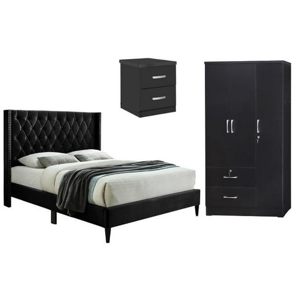 Home Square 3-Piece Set with Queen Bed Wardrobe Armoire Closet & Nightstand
