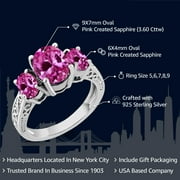 Gem Stone King 925 Sterling Silver Pink Created Sapphire 3-Stone Ring for Women | 3.60 Cttw | Oval 9X7MM and 6X4MM | Size 5