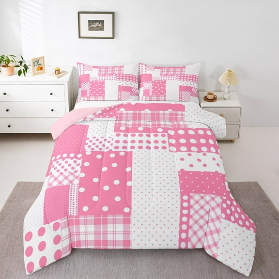 Manfei Modern Geometric Grid Bedding Comforter Set,Geometric Spot Aesthetic Twin Comforter Sets,Pink White Checkered Bedding Set For Teens Girl,Luxury Bedroom Decor Reversible,2 Pieces