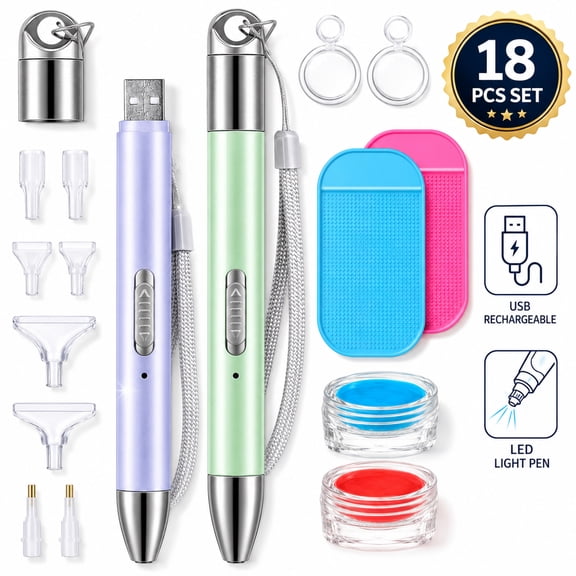 Genreen 18 Pcs Electric Diamond Painting Pen with Light, Purple Green Diamond Art Pens Tools, Light Up Diamond Art Pen for Drills, Dimond Art Supplies Accessories DIY Painting Craft Supplies Tools
