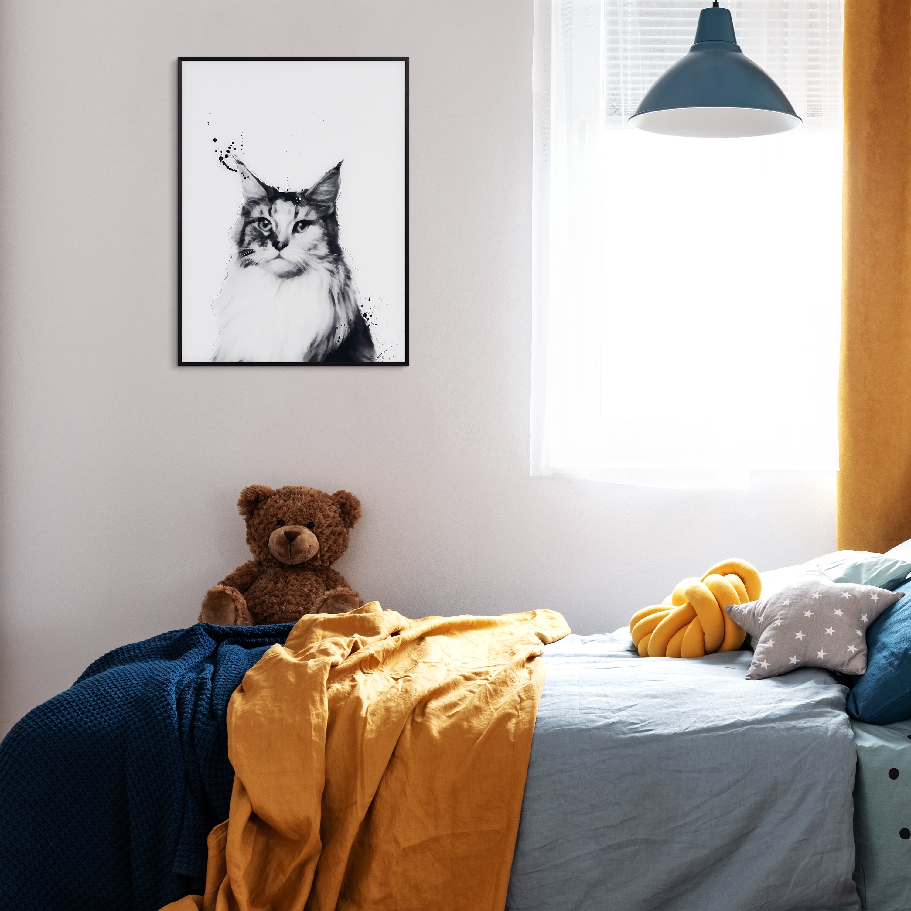 "Siberian Cat" Black and White Pet Portraits on Reverse Printed Art Glass, Minimally Encased on Black Anodized Aluminum Frame
