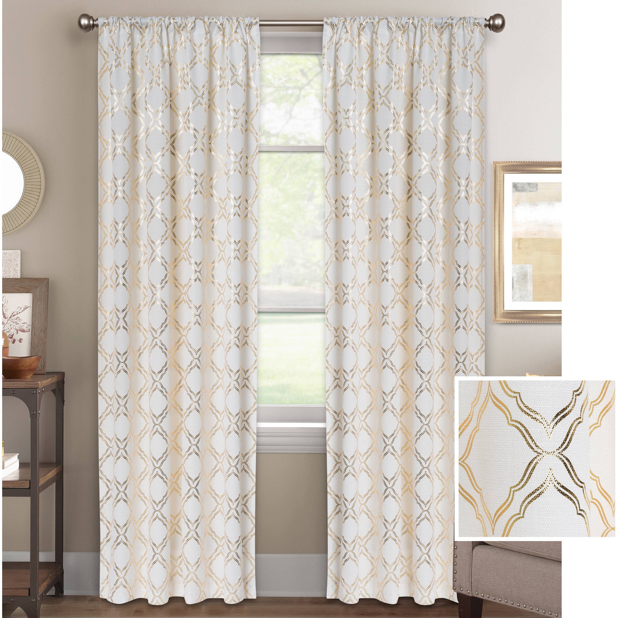 YJ YANJUN White Sheer Curtains 84 inches Long Trellis Gold Foil Curtains for Living Room Bedroom Set of 2 Panles 52 x 84 inch 
