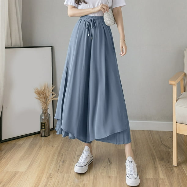 WILLBEST Pantalones elegantes de Gasa Plisada con Pierna Ancha y Cintura Alta para Mujer, Falda de Nueve Puntos, para Uso Informal. Mediana