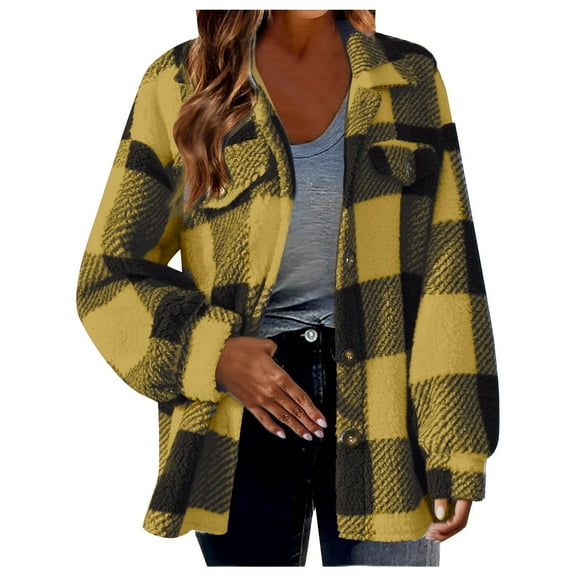 Women's Jacket Wool Lamb Plaid Shirts Long Sleeve Flannel Lapel Button Down Cardigan Boyfriend Shacket Lightweight Outerwear