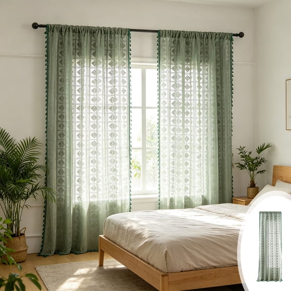 102x55inches Openwork Embroidered Curtains Semi Shade Curtains Polyester Curtains Decorative Curtains Through The Rod Models Curtains 1 Pcs Pack,Green