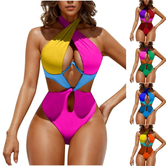 UTSJKR Womens Sexy One Piece Swimsuit Cut Out Criss Cross Bathing Suit Thong Monokini Colorblock Underwire Halter Swimwear Blue XL
