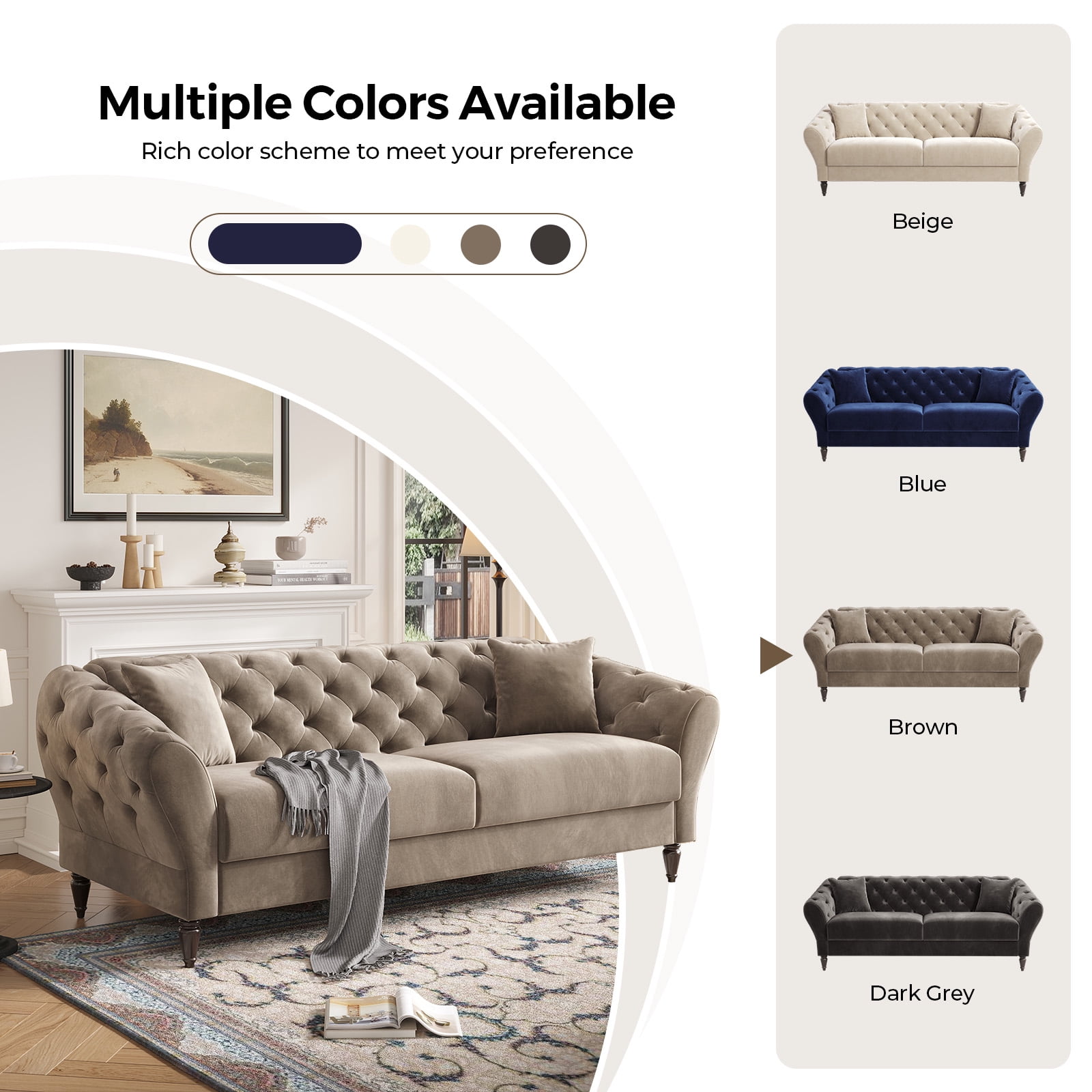 COPIAE 82 Inch Chesterfield loveseat Sofa,Tuxedo Arms Modern Couch Sturdy and Easy Installation, Small Sofa for Living Room Bedroom Office and Apartment,Velvet Fabric Brown
