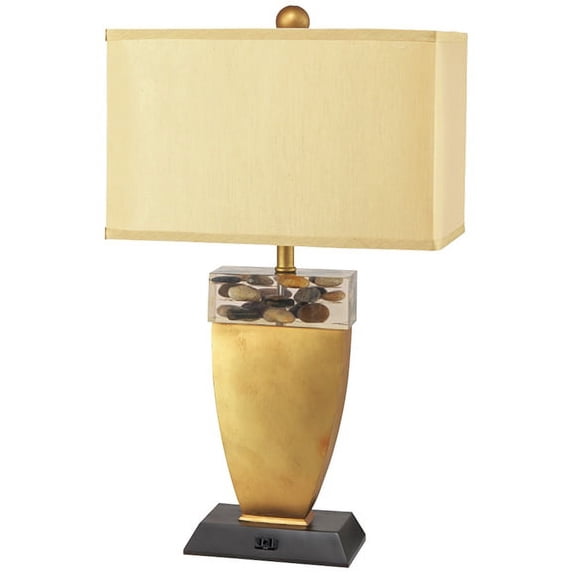NEW Stylish Painted Gold & Stone Base, Gold Fabric Shade, Socket Switch & 1 Outlet, 26" Table Lamp 6206
