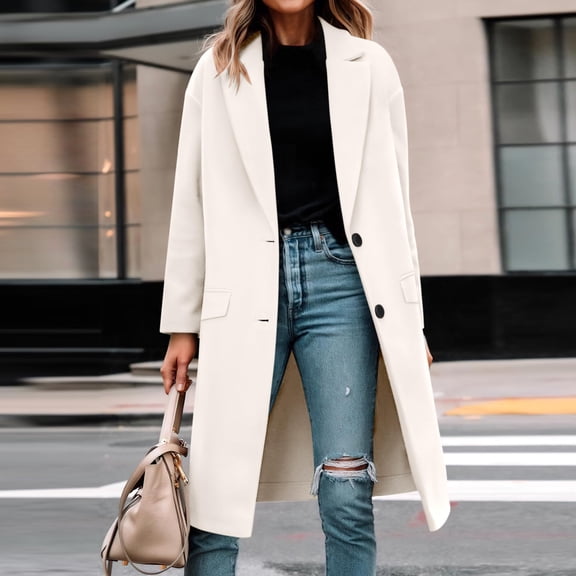 Women's Long Sleeve Lapel Button Down Casual Trench Coat Outwear Beige L