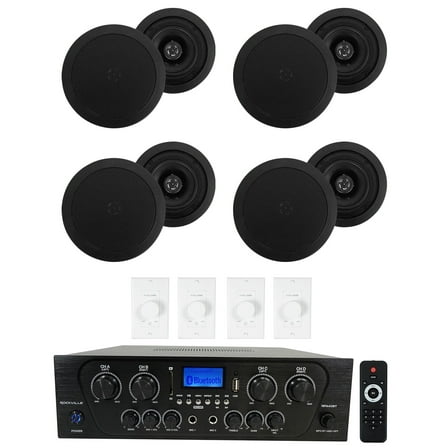 Rockville 4-Room Home Audio Kit w/Receiver Black Ceiling Speakers Wall Controls