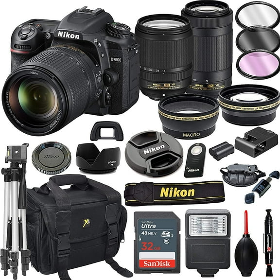 Nikon D7500 DSLR Camera with 18-140mm VR and 70-300mm VR Lenses   32GB Card, Tripod, Flash, and More 21pc Bundle