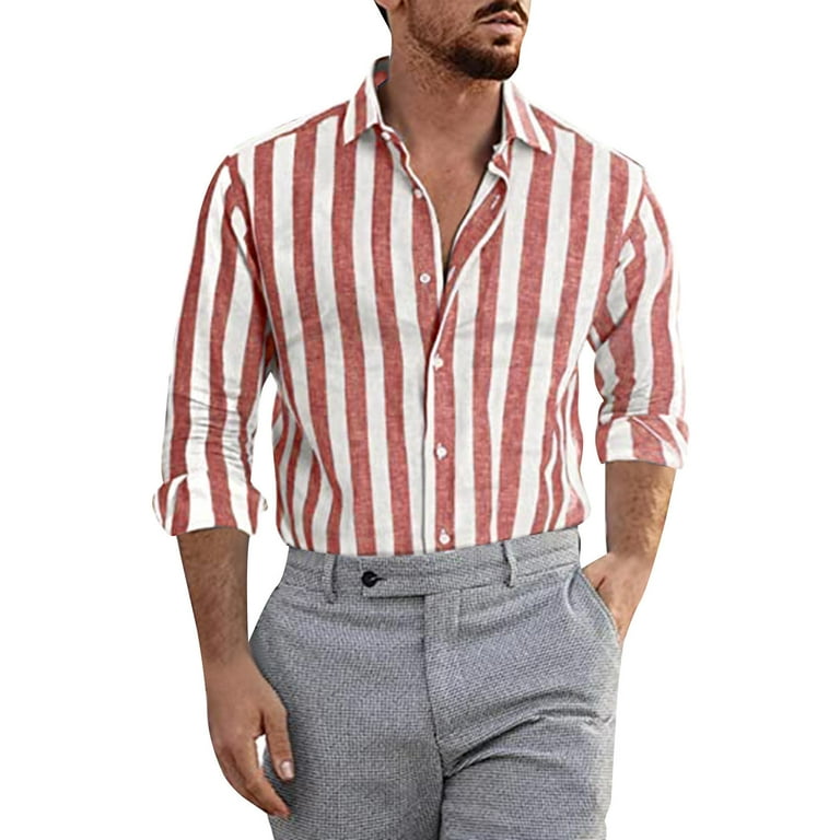 Red Shirts Men Mens Fashion Casual Striped Linen Buckle Lapel Long Sleeve Shirt Top