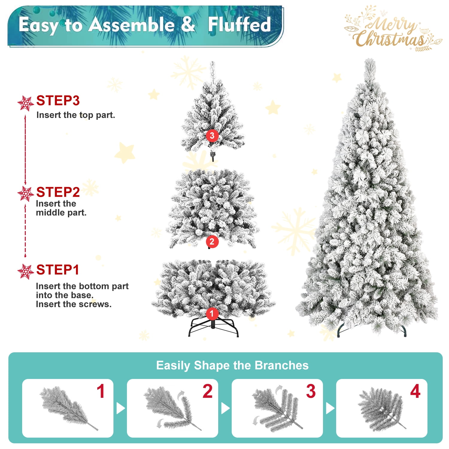 7FT Flocked Christmas Tree with 450 Warm White LED Lights – 1060 Tips, Snowy PVC & Hard Needle Branches, Hinged Design for Easy Setup, Sturdy Metal Stand – Full & Realistic Holiday Tree