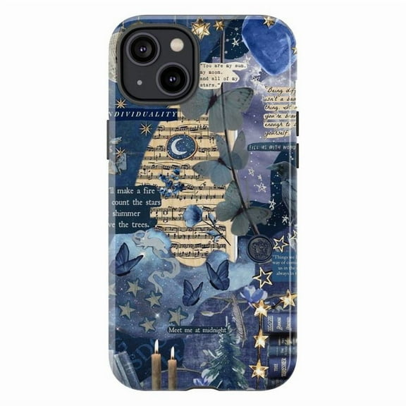Celestial Collage Phone Case, Moon, Stars & Blue Butterflies Design, Fits iPhone 16 15 14 13 12 11 Pro Max Mini
