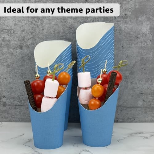 50 Charcuterie Cups + 200 Cocktail Picks + 56 Labels, 12 oz Disposable Charcuterie Cups with Sticks (2 Types), French Fry Cup Blue Paper Appetizer Cup for all Occasions (Blue)