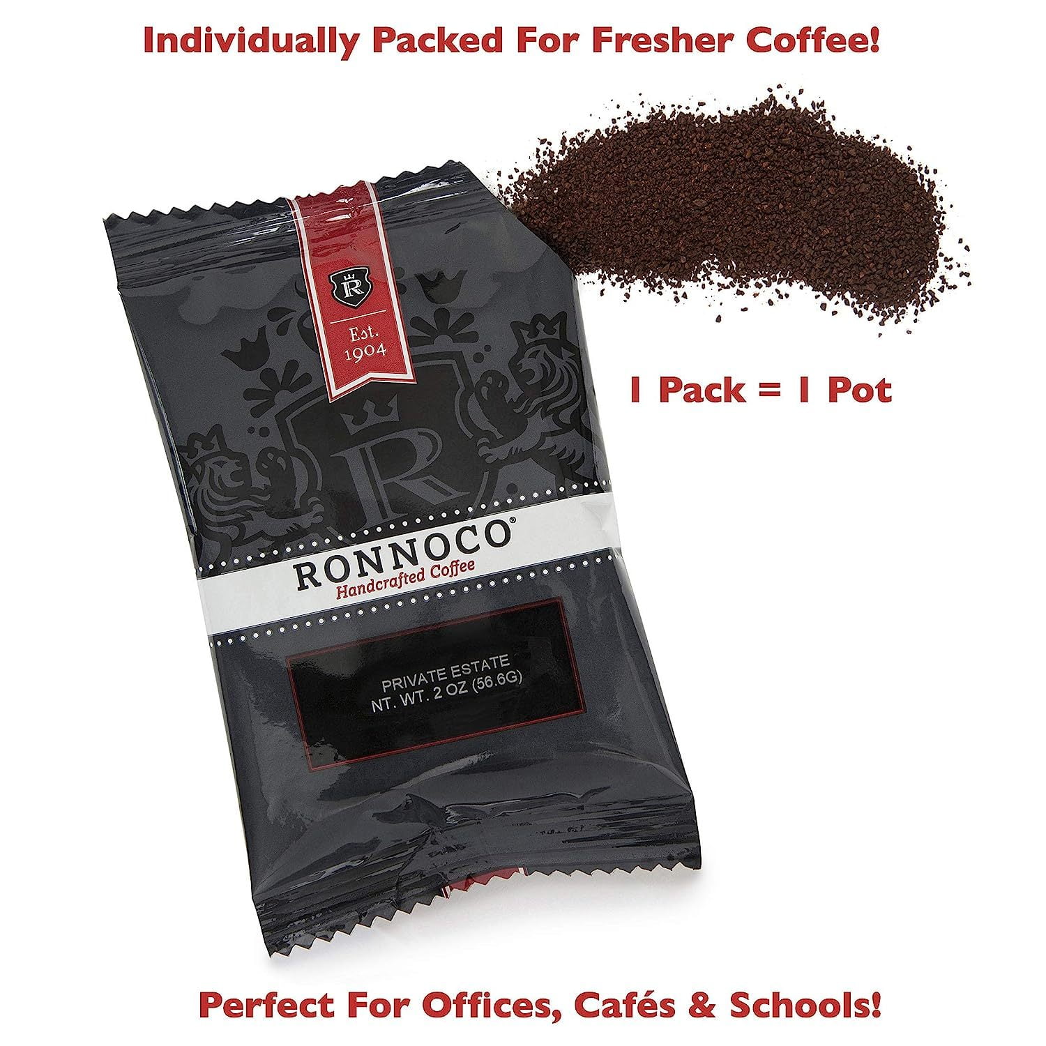 Ronnoco Signature Private Estate, Handcrafted Ground Coffee Fraction Packs, Medium Roast, Single Pot Bags for Drip Coffee Makers, Individual Packets for Office, Hotel, and Restaurant, 2 oz (24 Count)