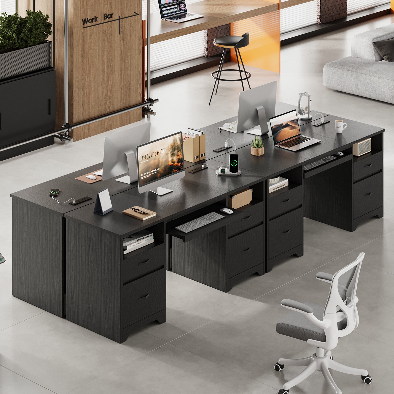 Bestier 59''Computer Desk with 4 Drawers,Office Desk with Storage,Modern Executive Desk with File Drawer, Office Desk with Charging Station, Keyboard Tray for Home office, Study & Bedroom，Black