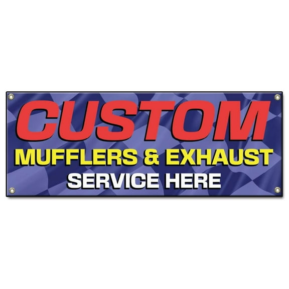 Custom Mufflers & Exhaust Service | 18" X 48" Banner | Heavy Duty 13oz. Outdoor Vinyl Single Sided With Grommets | Made in The USA
