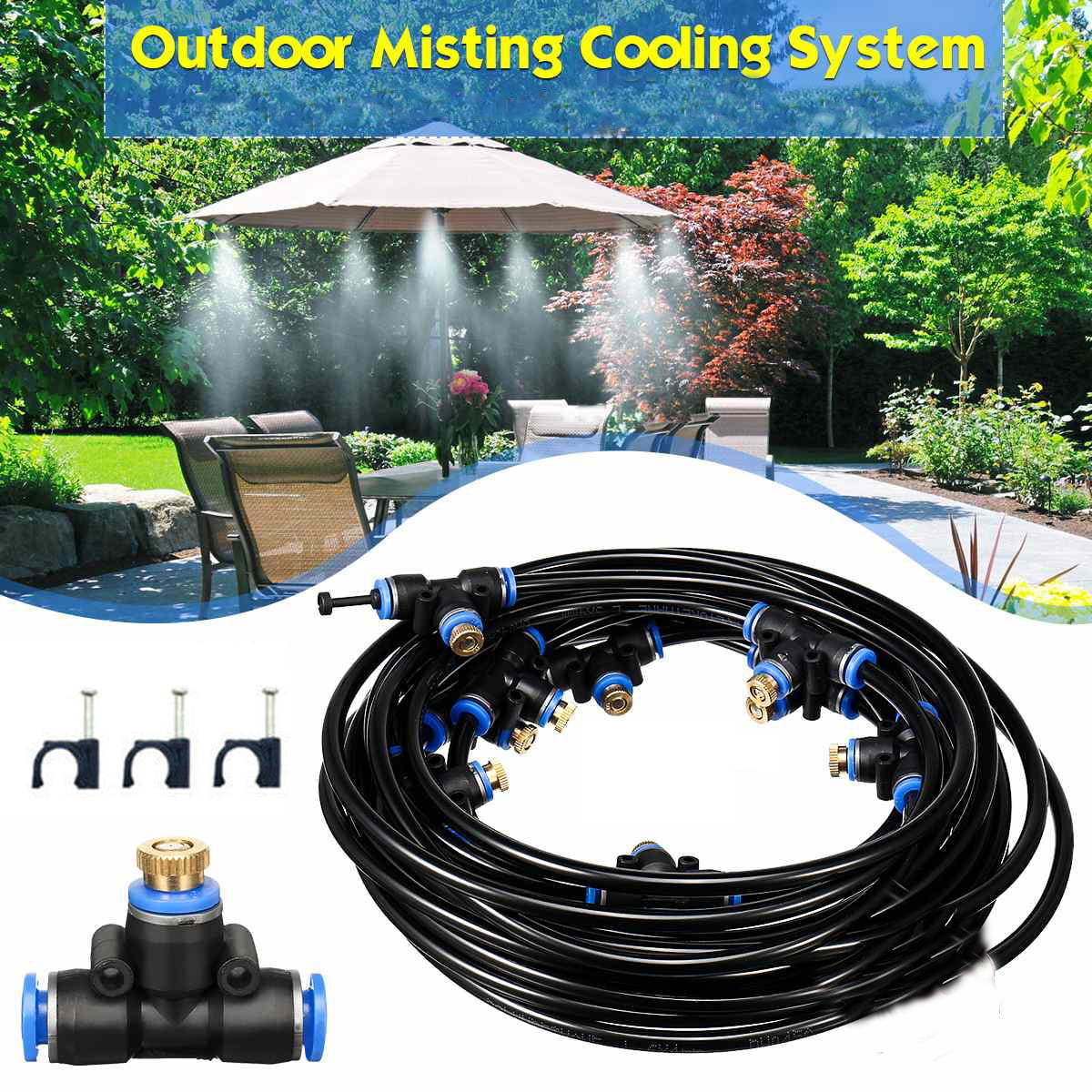 20ft Outdoor Garden Patio Water Misting Cooling System 6 Mist Sprinkler Nozzle 