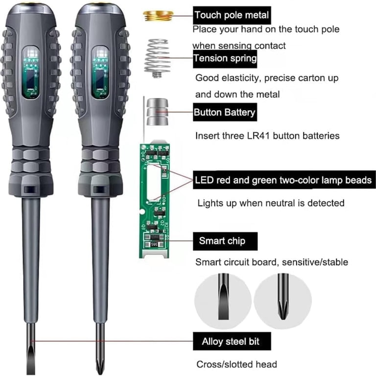 Tournevis Testeur De Tension 2 En 1 - Détecteur Sans Contact, LED Vert/Rouge, 24-250V, Poignée Isolée