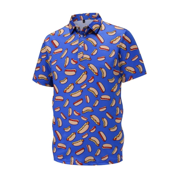 Men Polo Shirts Hot Dog Print Button Up Collar Casual Short Sleeve Breathable Comfortable Summer Tops Graphic Golf Blue Mens Shirts