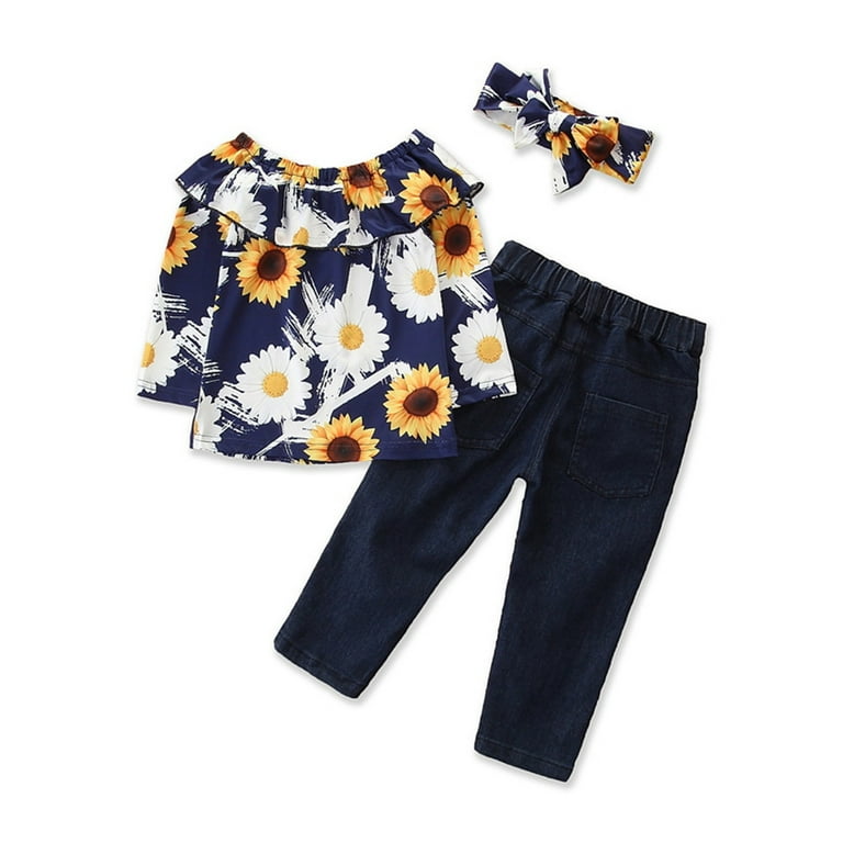 Rovga Girls Outfit Sets Toddler Girls Outfit Sunflower Printed Long Sleeve  Tops Denim Bell Bottom Jeans Pants Headband 3Pcs Set Outfits Baby Chothing  Suit 