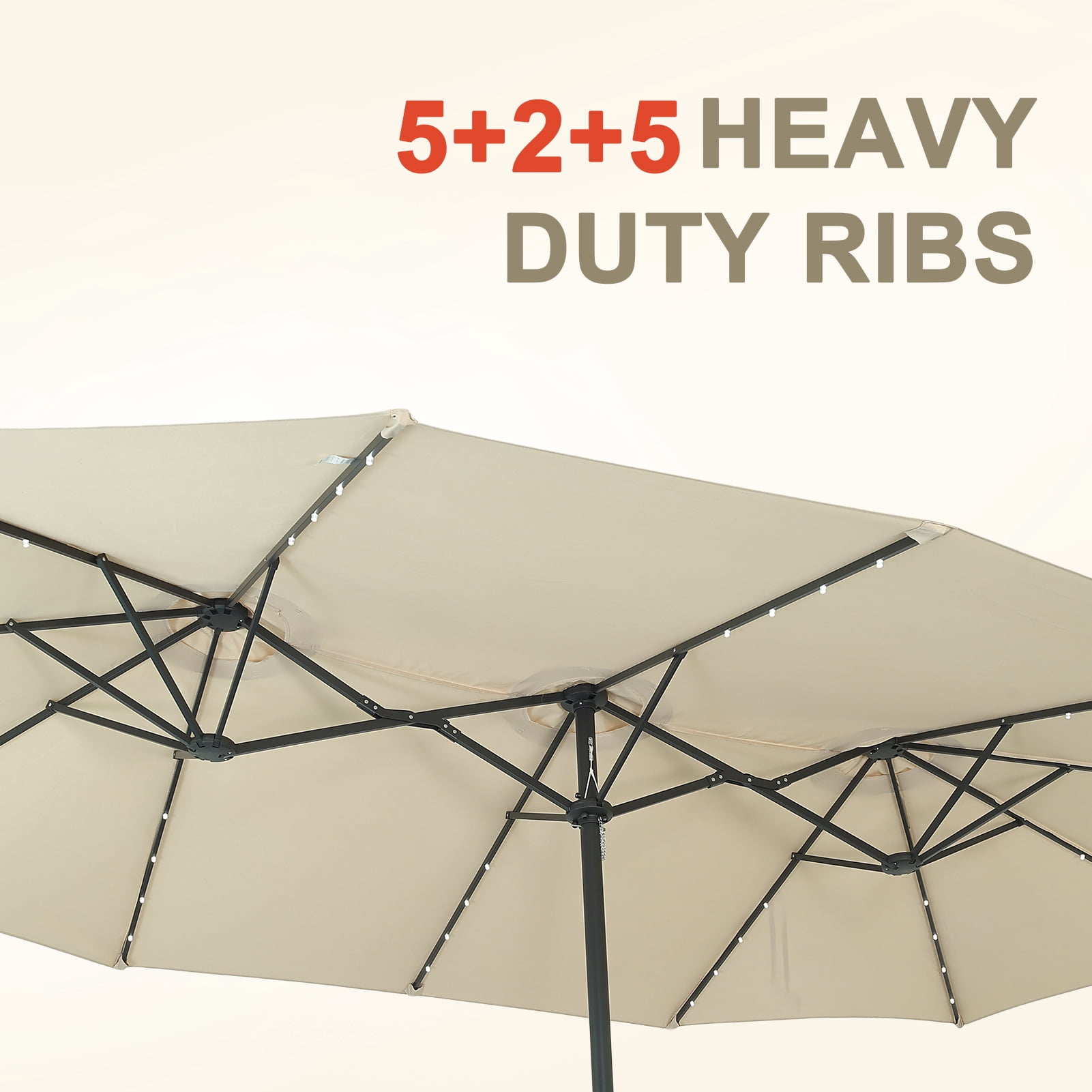Ainfox 15ft Large Patio Umbrella with Solar Lights, Double-Sided Outdoor Rectangle Table Umbrellas with Sand Bag Base，Beige