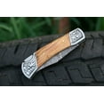 thumbnail image 5 of 7" Olive Wood Engraved Steel Clips Back Lock Handmade Damascus Steel Pocket Knife, 5 of 10