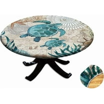 Ocean Turtle Fitted Tablecloth Round, Blue Green Ocean Animal Theme Elastic Edged Table Covers for Indoor Restaurant Canteen or Outdoor Patio Party Dining Table Decor, Fits Tables 44" - 48" Diameter