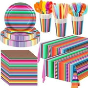177 PCS Mexican Fiesta Party Supplies Fiesta Tableware Set Mexican Serape Paper Plates Napkins Cups Mexico Stripes Plastic Tablecloth for Cinco De Mayo Mexico Birthday Party