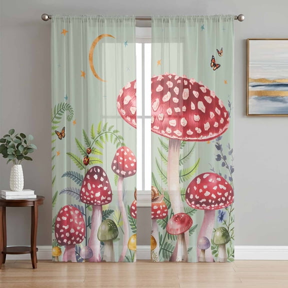 Sheer Curtains 63 Inch Length 2 Panels Set for Bedroom, Mushroom Semi Sheer Curtains for Windows, Sage Green Butterfly Moon Eucalyptus Leaf Voile Window Treatments Rod Pocket Curtain