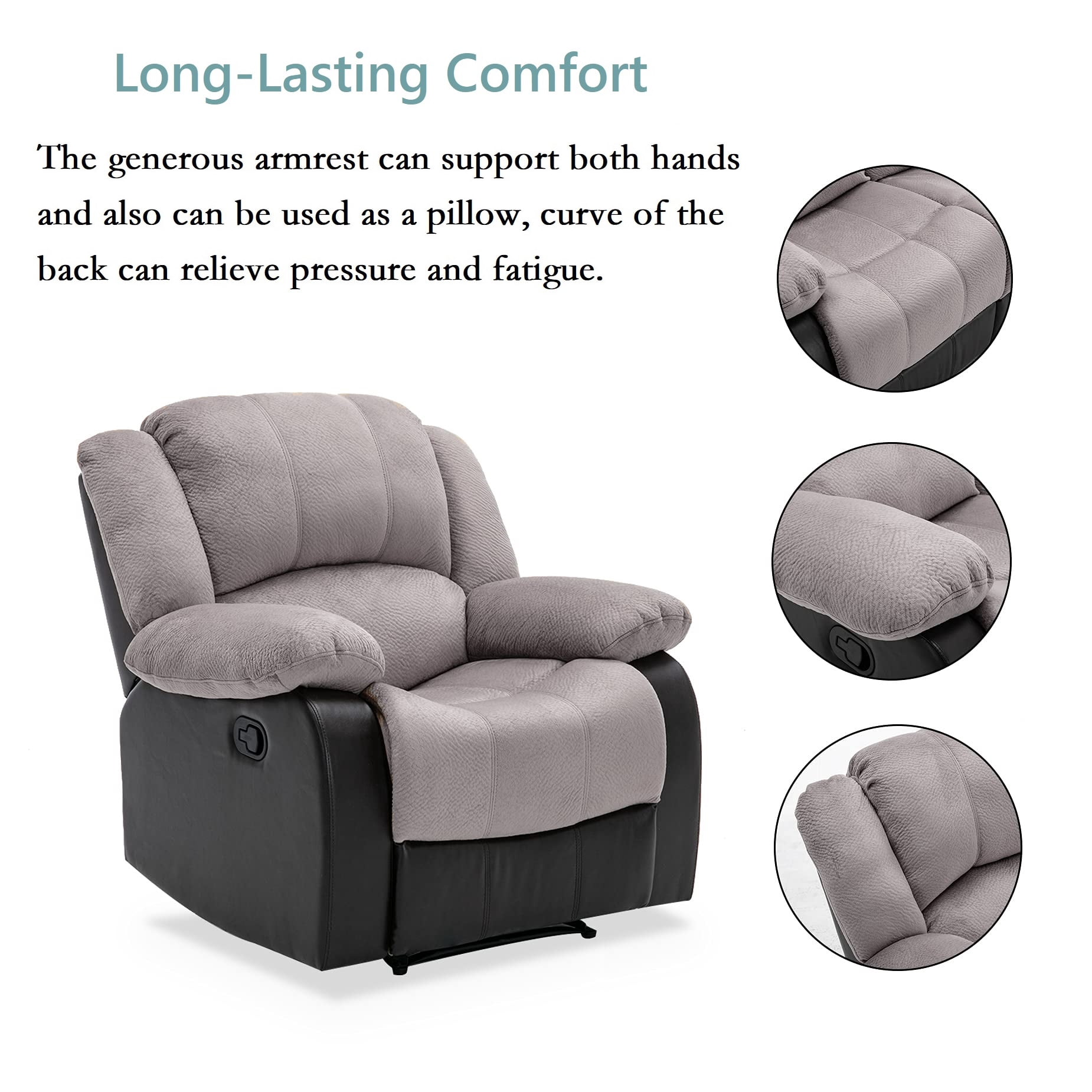 Nathaniel Home Manual Single Recliner Chair, PU Leather Upholstered Couch Sofa, Tufted Reclining Sofa, Plush Scoop Theater Seating, Lounge Chair for Living Room, Gray