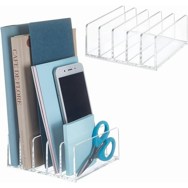 Organizador de escritorio acrílico transparente de 5 compartimentos con separador (2 unidades). Organizador vertical de cartas y archivos.