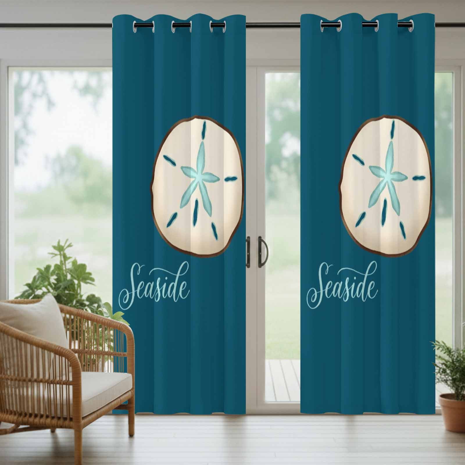 Seaside Shell Outdoor Curtains for Patio, Vintage White Shell Teal Green Texture Sunshade Privacy Drapes Grommet Waterproof Outside Curtains for Porch/Cabana/Balcony 54"x 108", 1 Panel