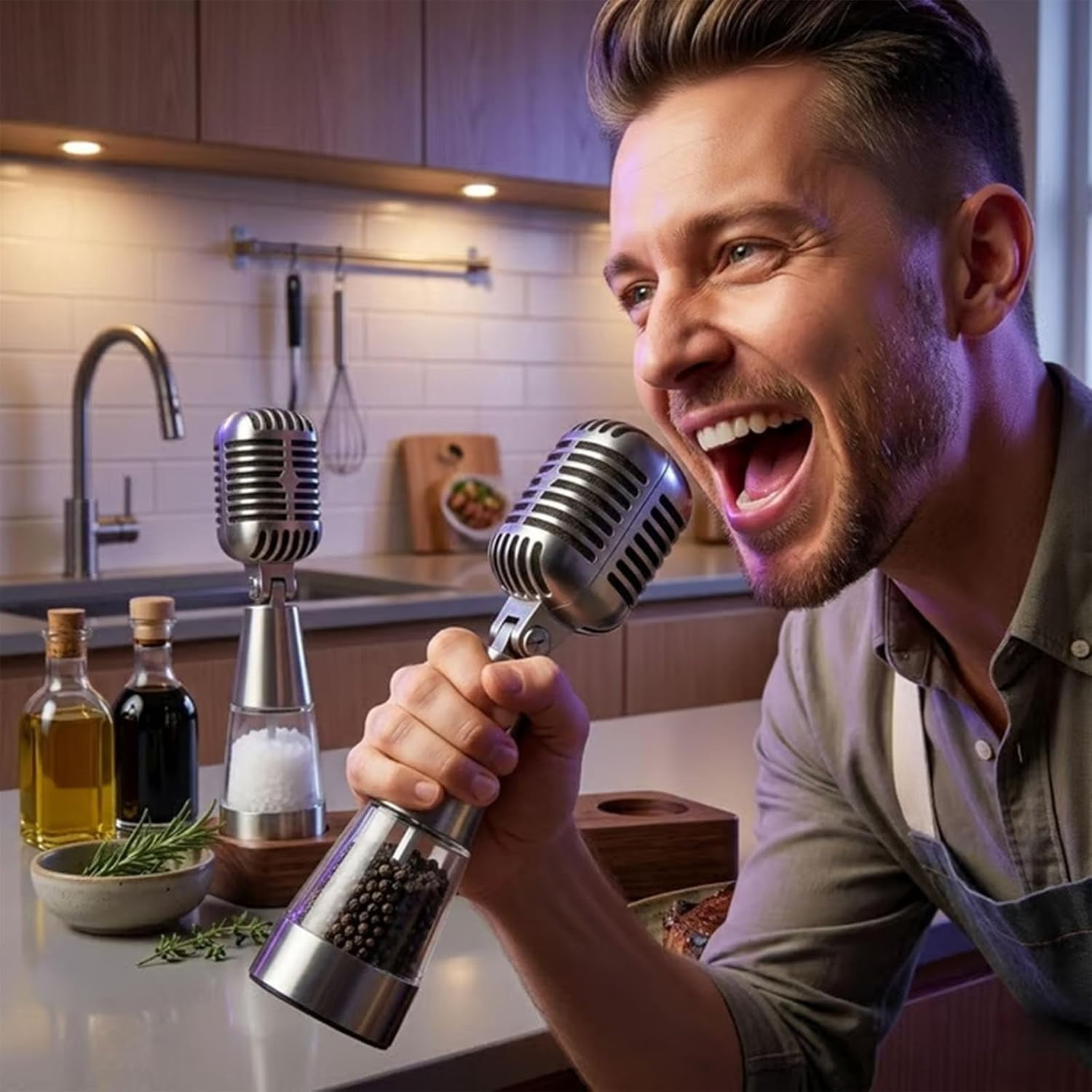 Vintage Microphone Salt and Pepper Grinder Set, Adjustable Spice Crusher Accessory for BBQ, Restaurant and Dining Table Decor