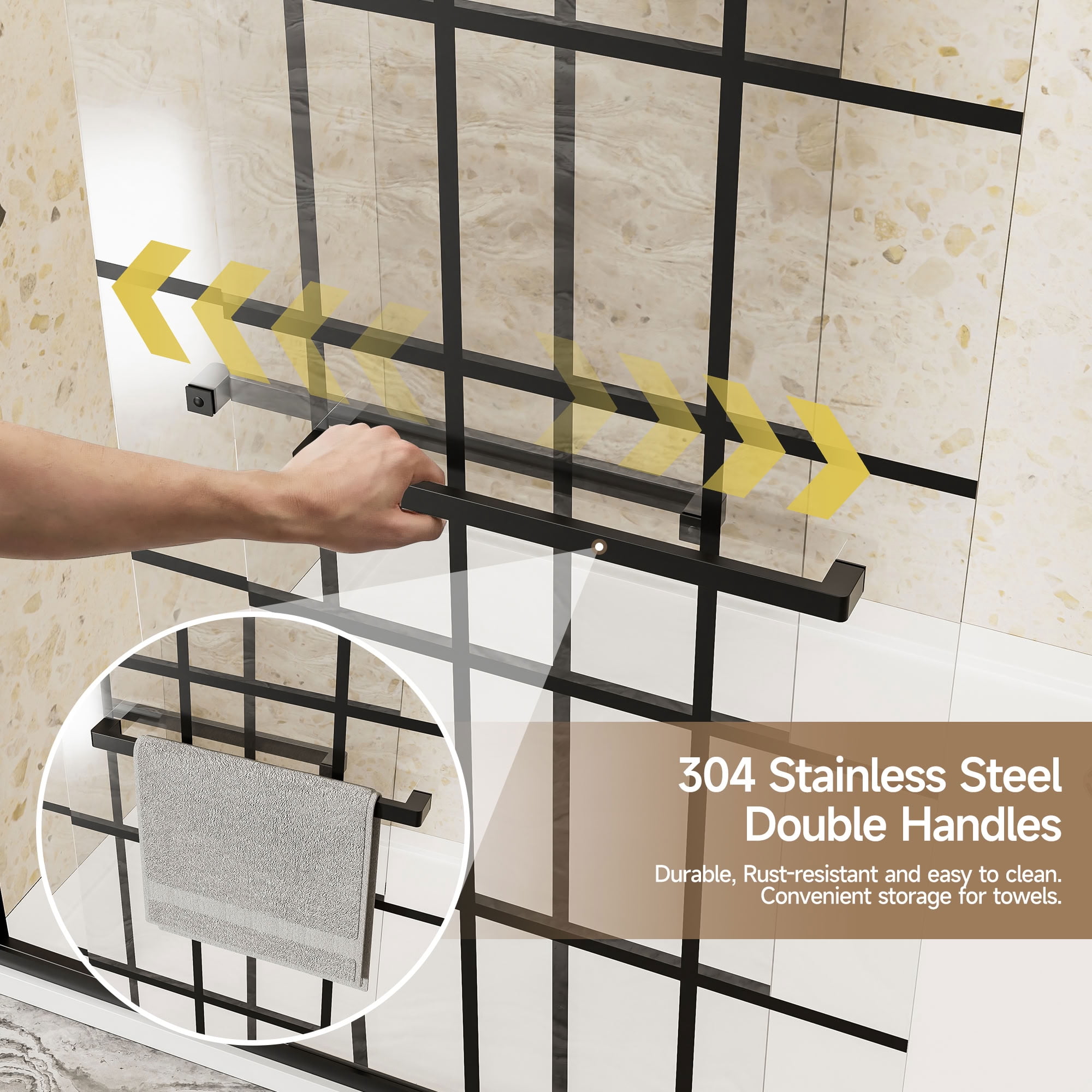MAYEERTY Double Sliding Shower Door, Matte Black Aluminum Frame, 1/4" Tempered Glass with Nano Self-Cleaning Coating, Waterproof & Reversible Installation