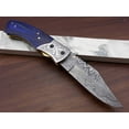 thumbnail image 5 of Damascus steel folding knife, 8.3" long knife with hand forged 4" blade, Blue Colored Bone & custom made engraved steel bolster scale, Cow Hide Lather sheath included, 5 of 8