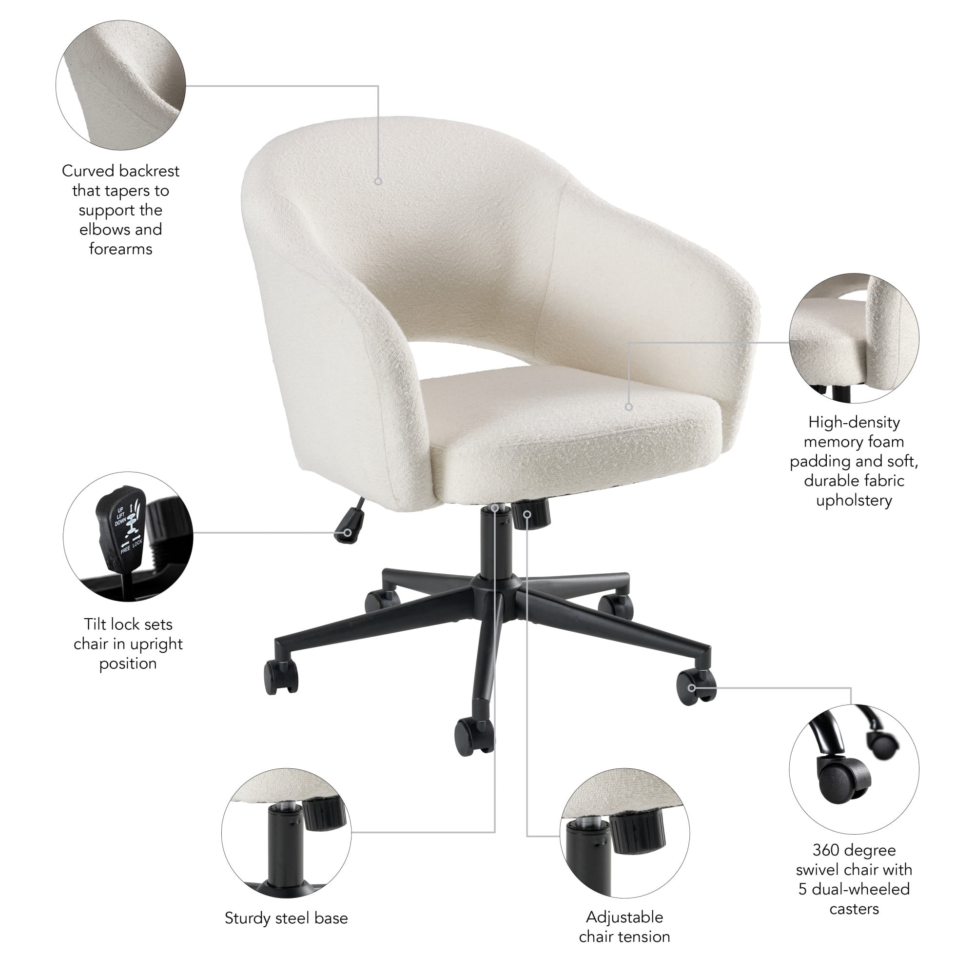 Bush Furniture Fairfax Mid Century Modern Desk Chair for Home Office in Light Cream Fabric