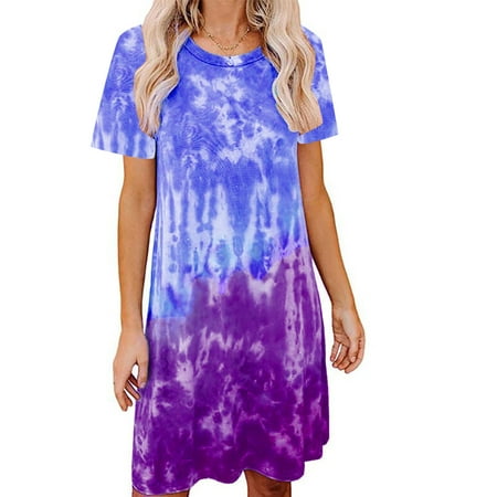

Fiomva Female Dress Tie-Dye Print Round Neck Short Sleeve One-Piece for Women