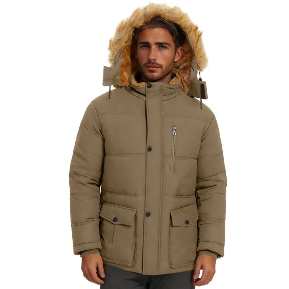 qucoqpe Winter Fleece-Lined Parka Jackets for Men Trendy Long Sleeve Full-Zip Warm Hooded Windbreaker Coat