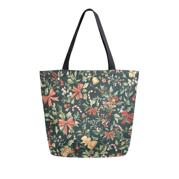 FORMRS Womens Canvas Tote Bag with Zipper Inner Pocket Shoulder Handbag, Christmas Bows