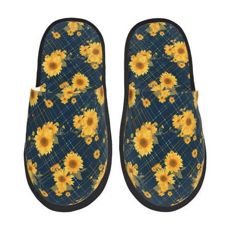Balery Blue Striped Sunflower A Slient Indoor Furry Fleece Comfort House Shoes Soft Non-Slip Home Shoes Cotton slippers House Slippers-- Medium