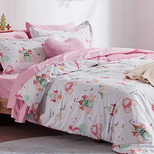 SLEEP ZONE Kids Duvet Cover Set Queen Size 3 Pieces - Super Soft & Cute Comforter Cover with 2 Pillow Shams, Easy Care Zipper Closure (Pink Castle, Queen)