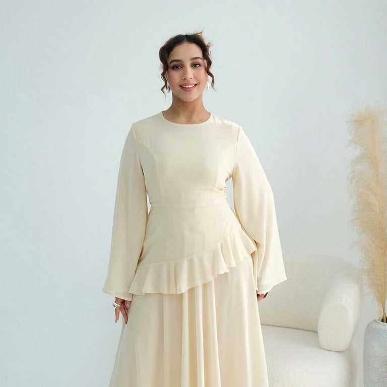 light yellow flowy dress Womens High-Neck Long Sleeve Peplum Maxi With Ruffle Detail And Bell Sleeves IVORY PROM DRESS