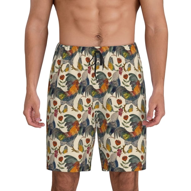 Balery Multi-Colored Roosters Pantalones cortos de pijama de punto de algodón para hombre con cinturilla y bolsillos-3X-Large